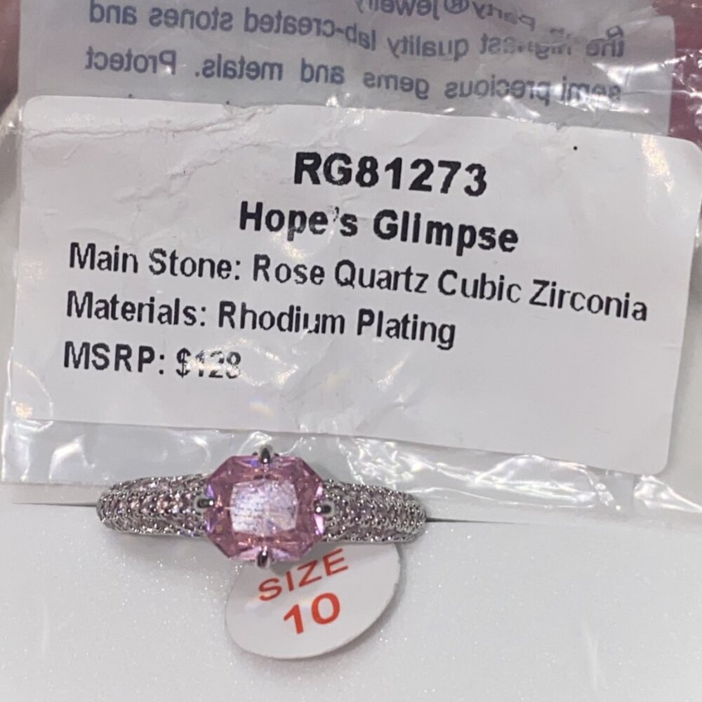 Hope's Glimpse Rose Quartz CZ Rhodium Plating Ring Size 10 BP Bomb Party